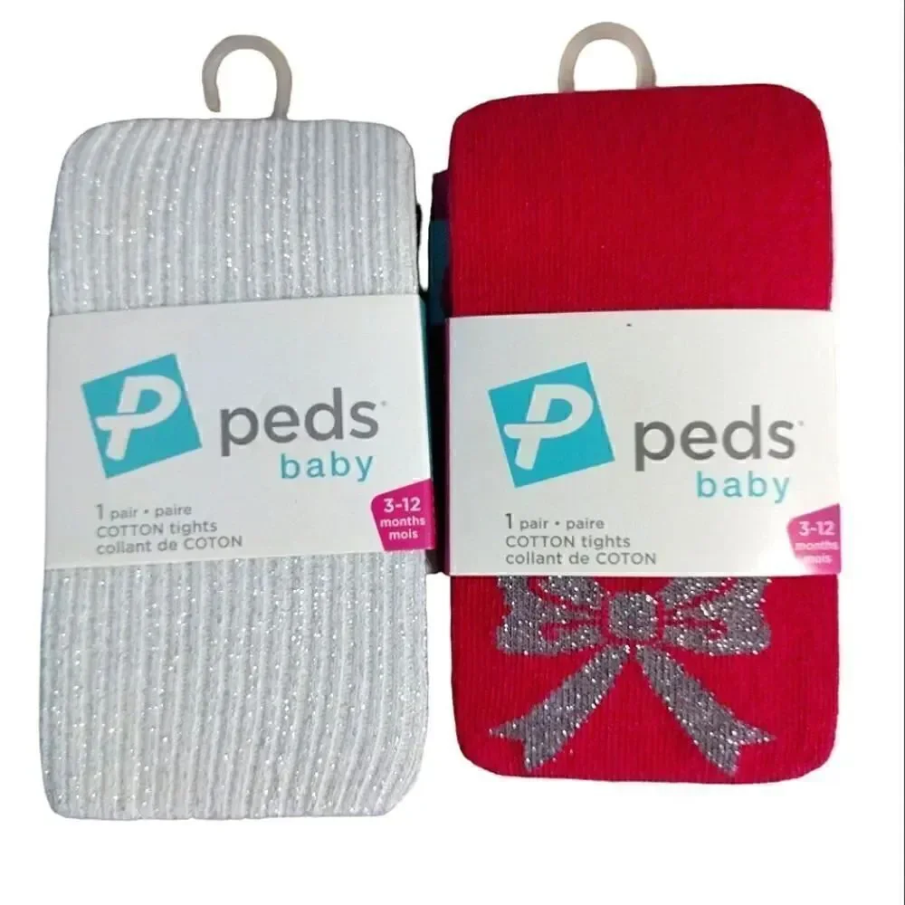 $9💥 Peds Baby 2 Prs Ivory & Pink Sparkly Cotton Tights 3- 12 mnths NWT